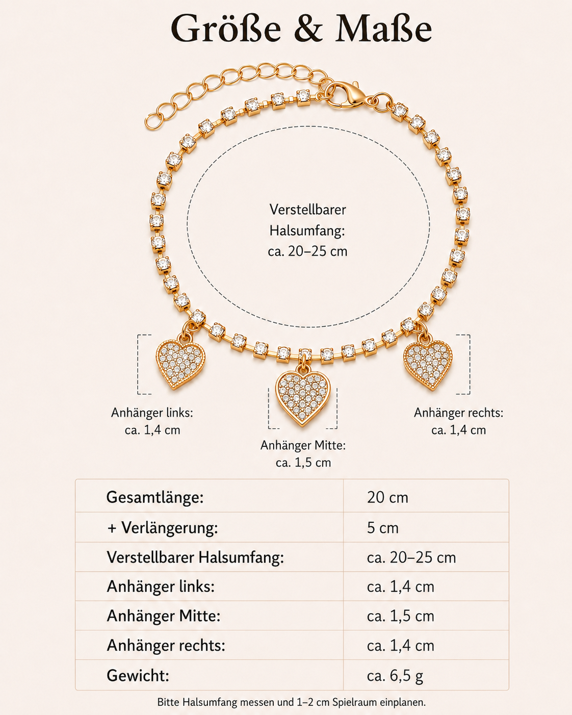 Amour ● Größe XS - goldene Schmuckkette mit Herzanhängern