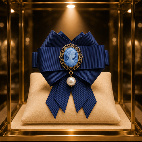 Célestine • Größe L–XL – dunkelblaue Cameo-Schleifenbrosche für Tiermode
