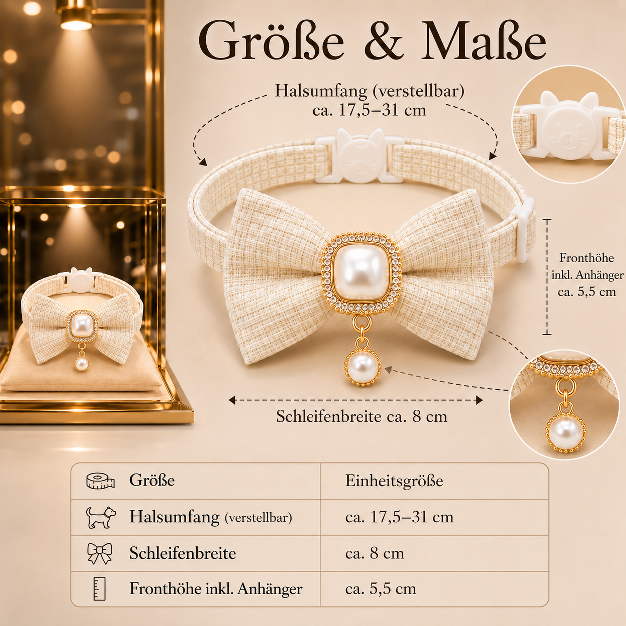 Minou · Größe XS–M – cremefarbene Katzenfliege mit Perlenanhänger