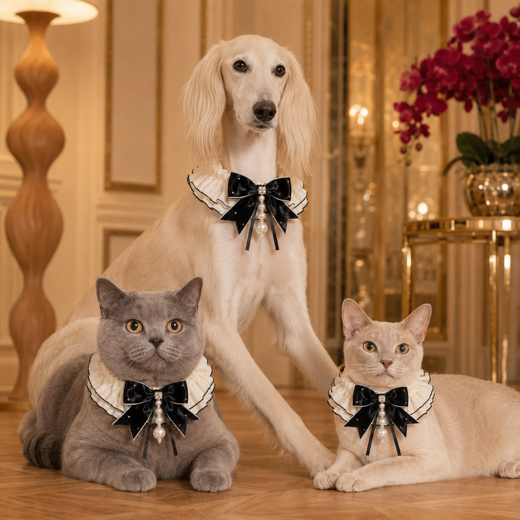 Odette · Größe M – schwarze Schleife mit Rüschenband für Hunde & Katzen