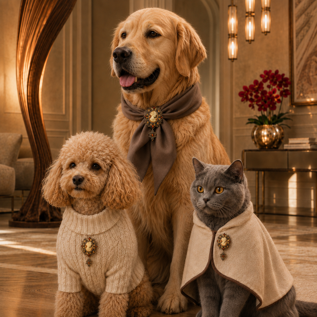 Isadora · Größe S–L – antikgoldfarbene Vintage-Cameo-Brosche für Hunde & Katzen mit Anhänger