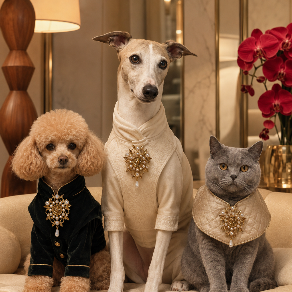 Solenne • Größe S–L – goldfarbene Perlenbrosche für Hunde & Katzen