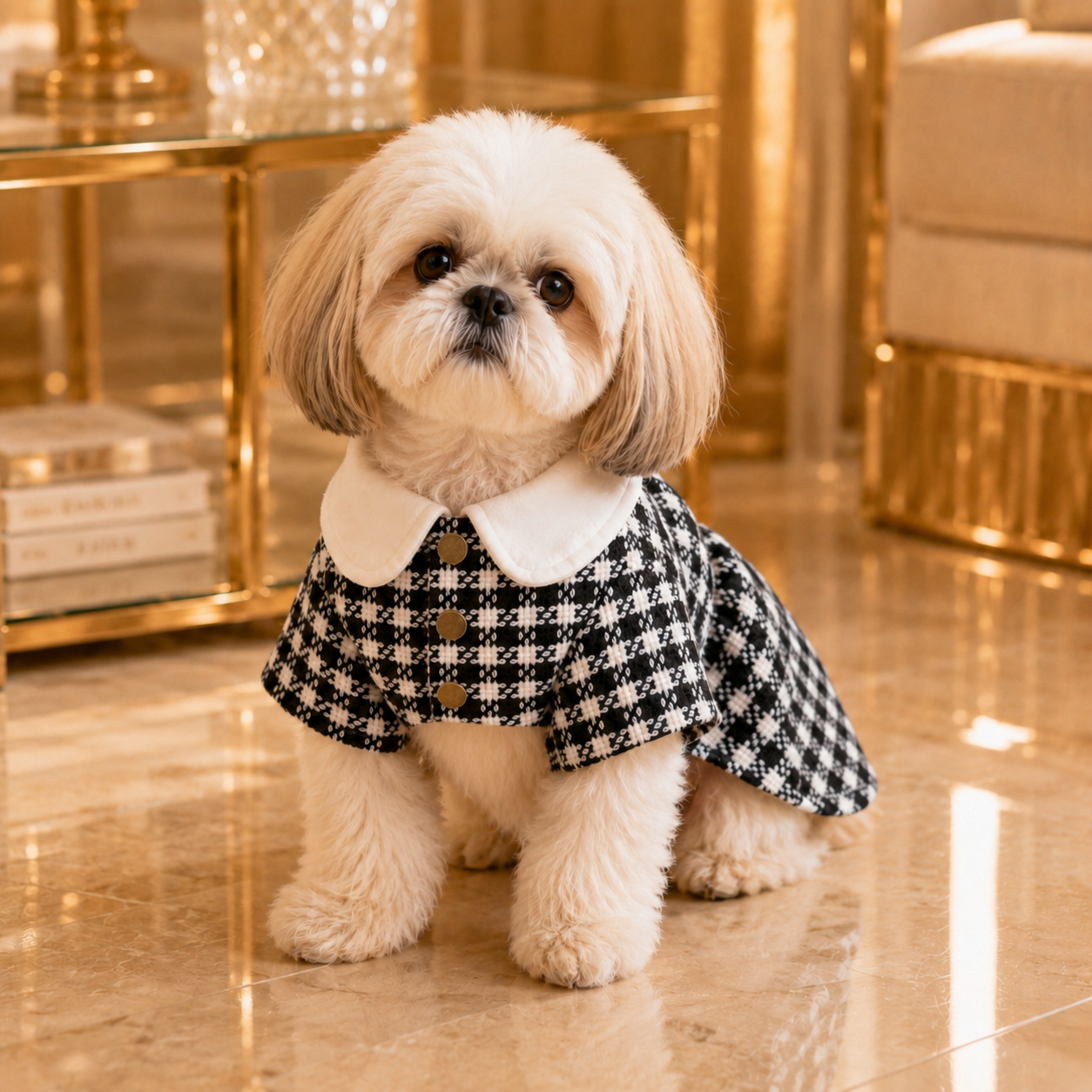 Colette · Größe M · schwarz-weißes Hahnentritt-Mantelkleid mit Brosche für Hunde