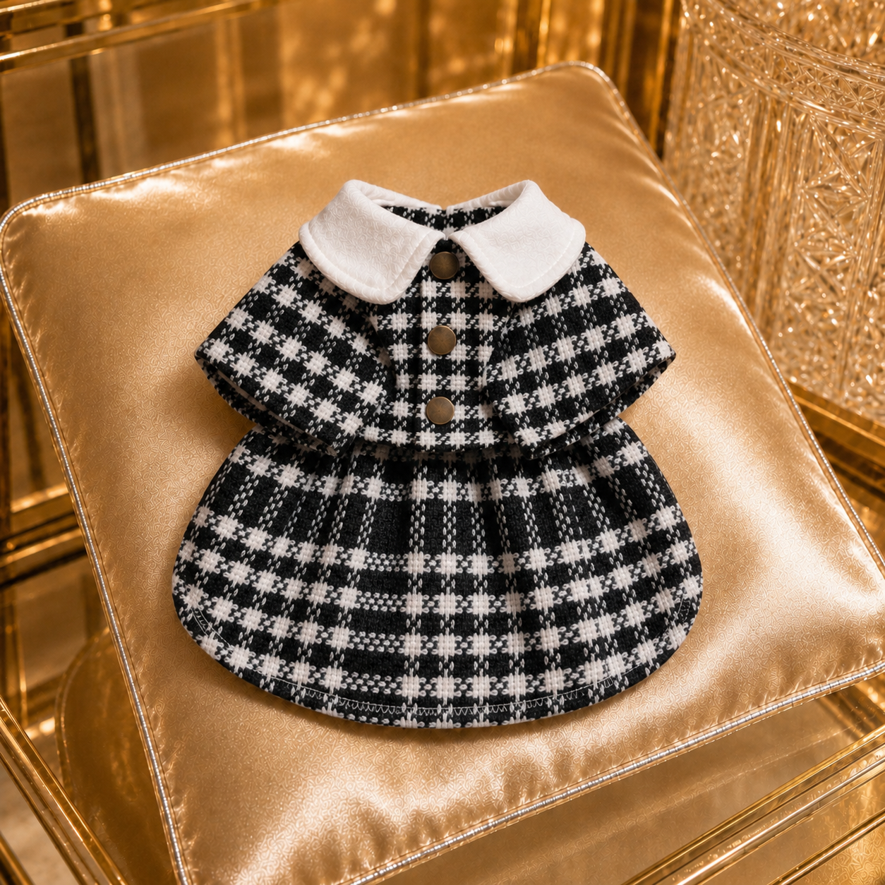 Colette · Größe M · schwarz-weißes Hahnentritt-Mantelkleid mit Brosche für Hunde