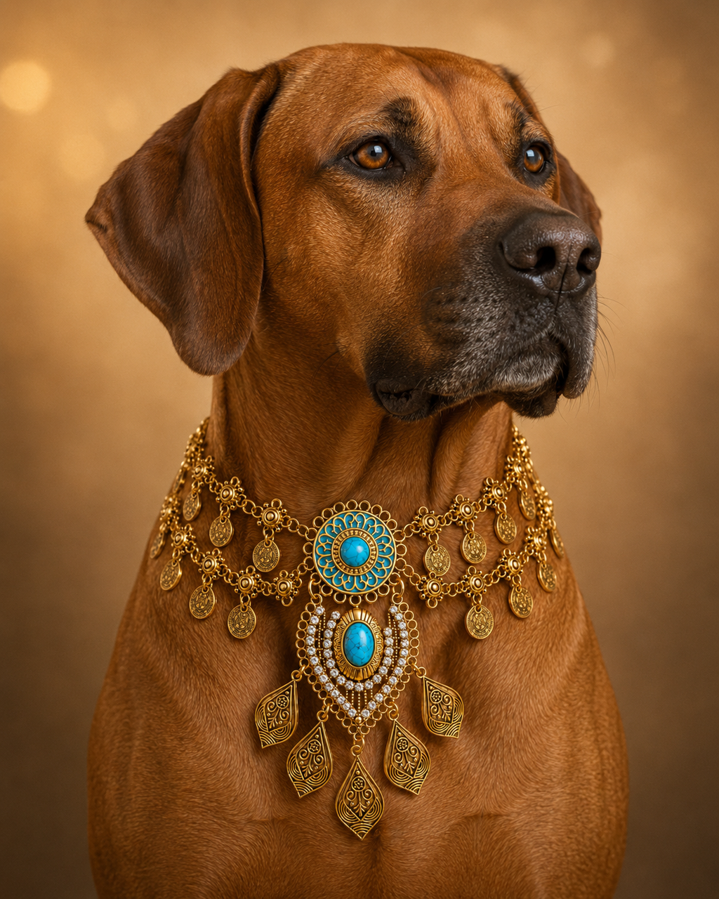Aurelia ● Größe XL – goldfarbenes Statement-Collier mit türkisfarbenem Schmuckelement