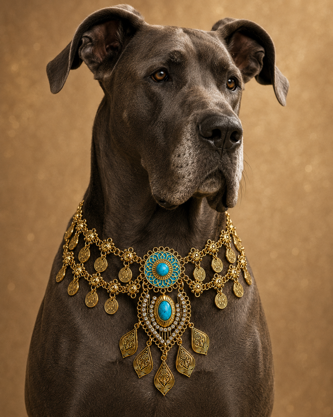 Aurelia ● Größe XL – goldfarbenes Statement-Collier mit türkisfarbenem Schmuckelement