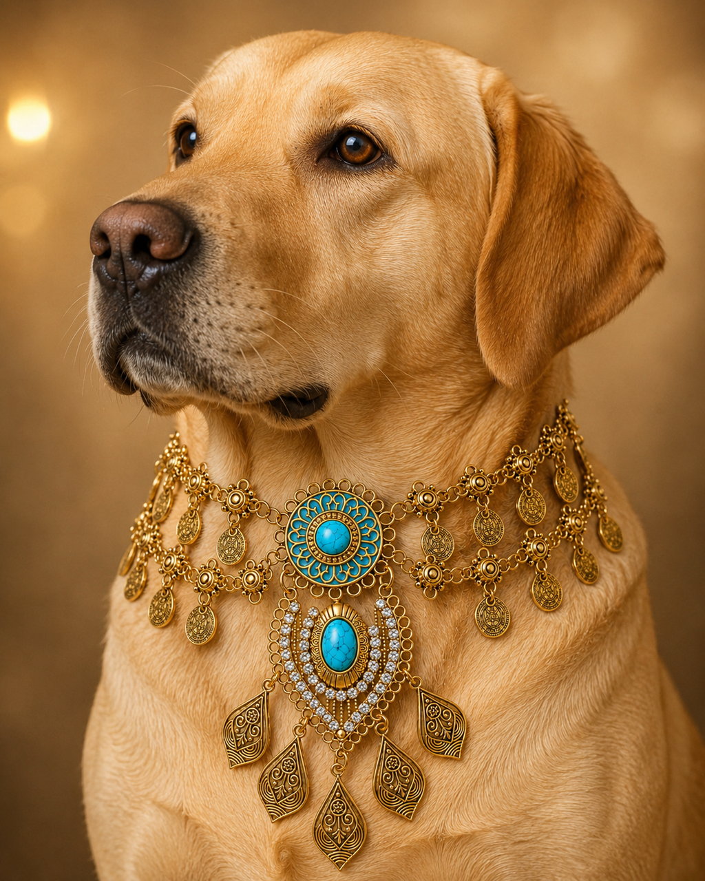Aurelia ● Größe XL – goldfarbenes Statement-Collier mit türkisfarbenem Schmuckelement