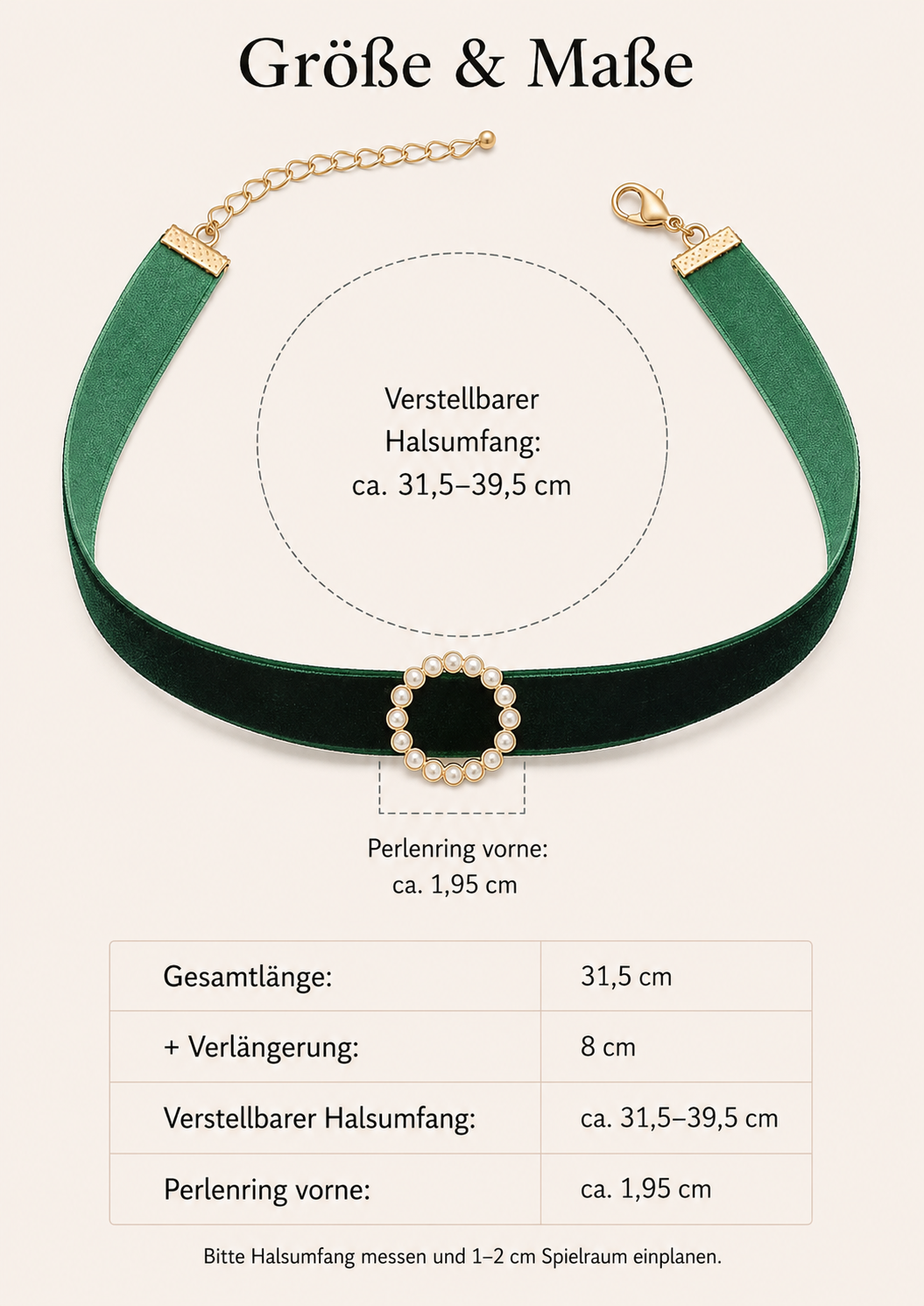 Émeraude M – grünes Samt-Schmuckhalsband mit 14K-vergoldeten Details