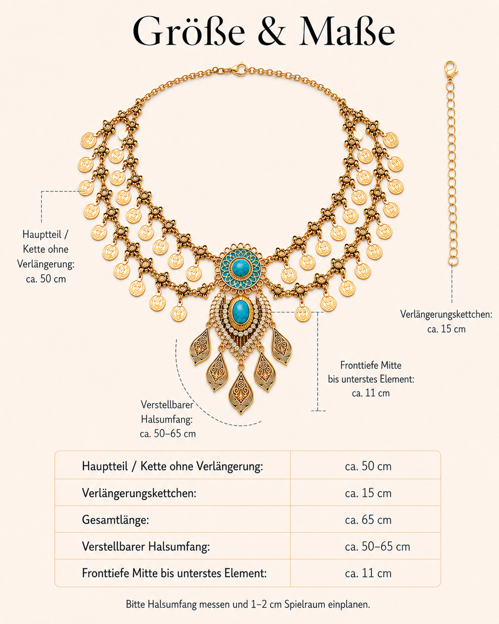 Aurelia ● Größe XL – goldfarbenes Statement-Collier mit türkisfarbenem Schmuckelement