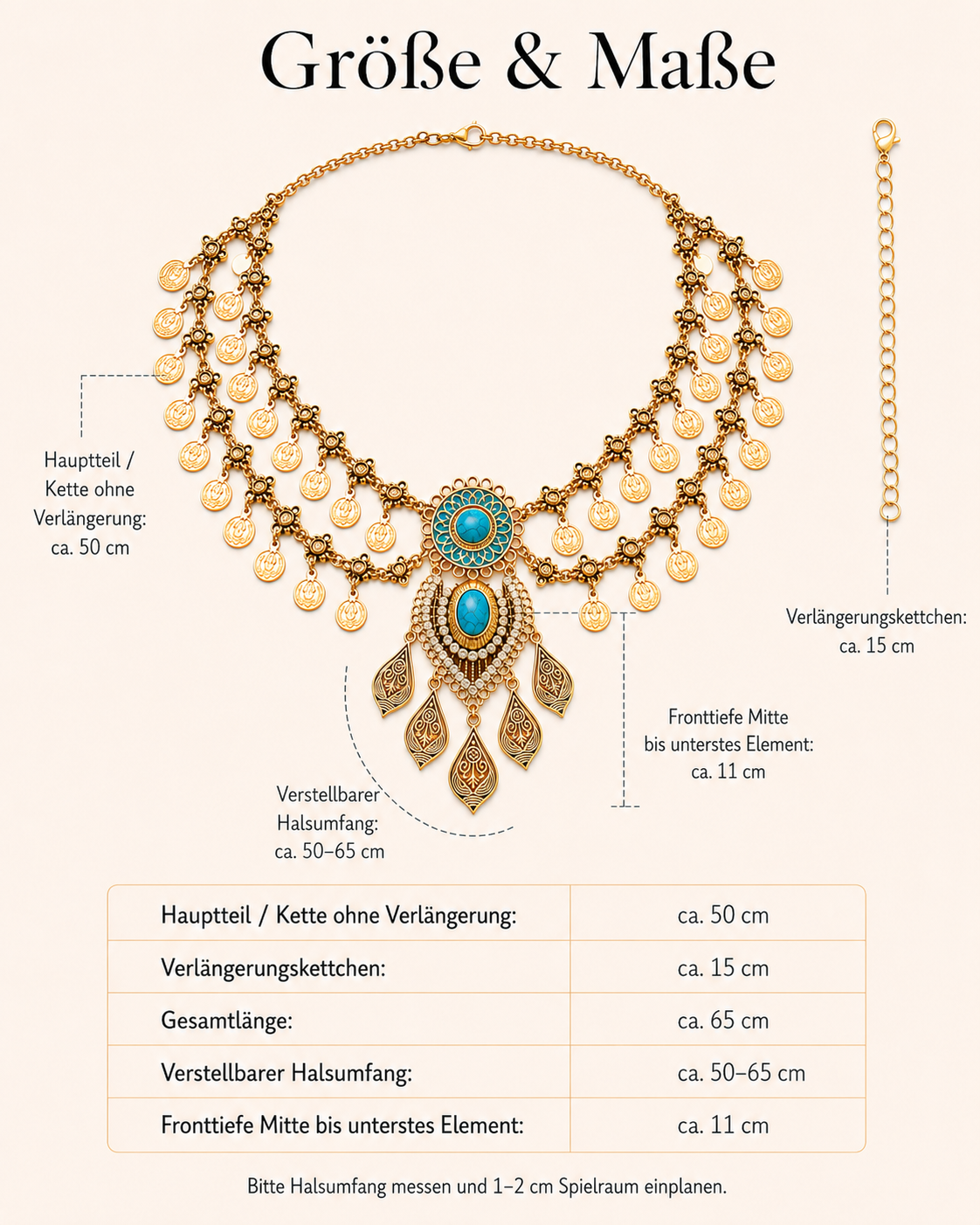 Aurelia ● Größe XL – goldfarbenes Statement-Collier mit türkisfarbenem Schmuckelement