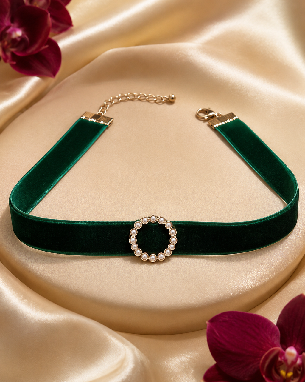 Émeraude M – grünes Samt-Schmuckhalsband mit 14K-vergoldeten Details