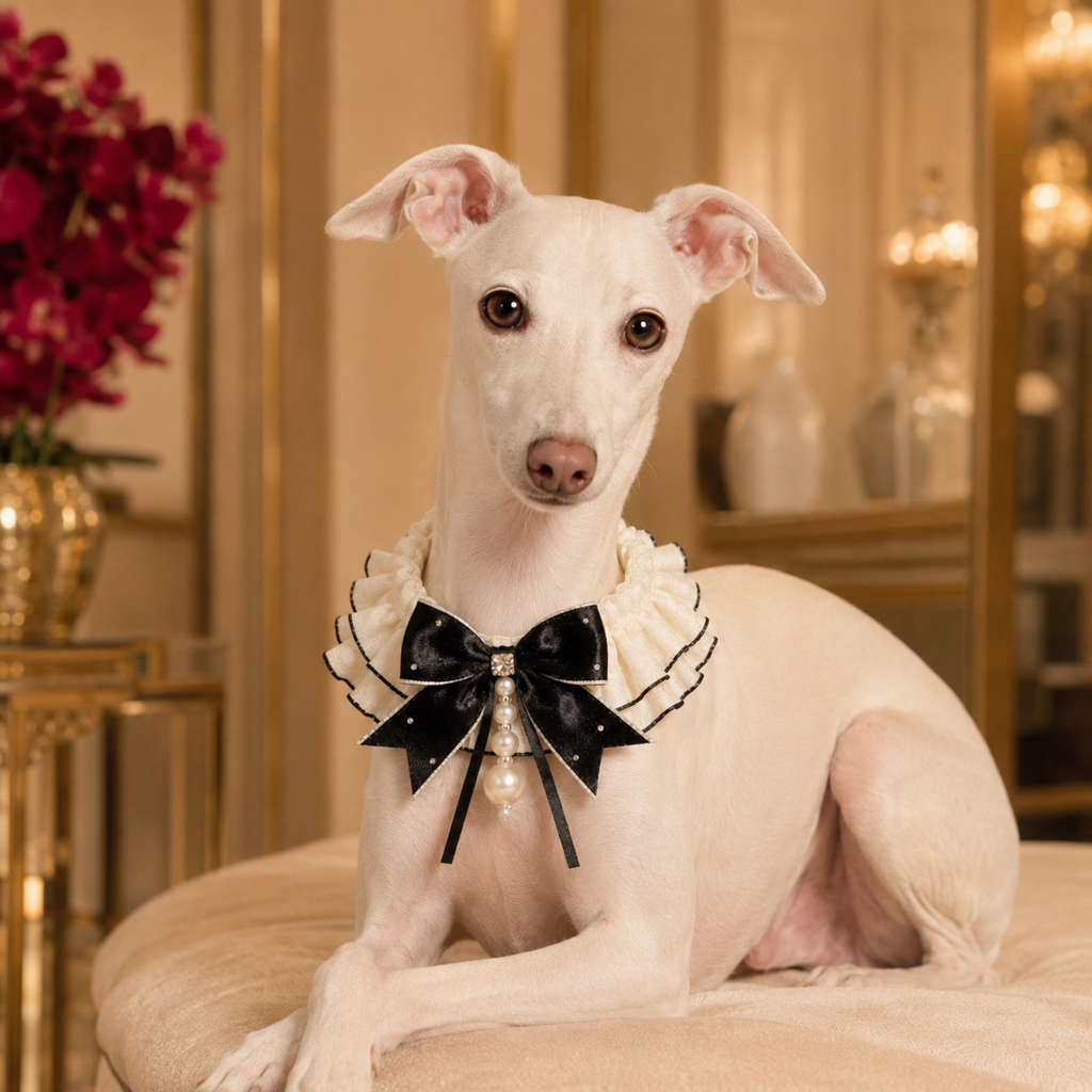 Odette · Größe M – schwarze Schleife mit Rüschenband für Hunde & Katzen