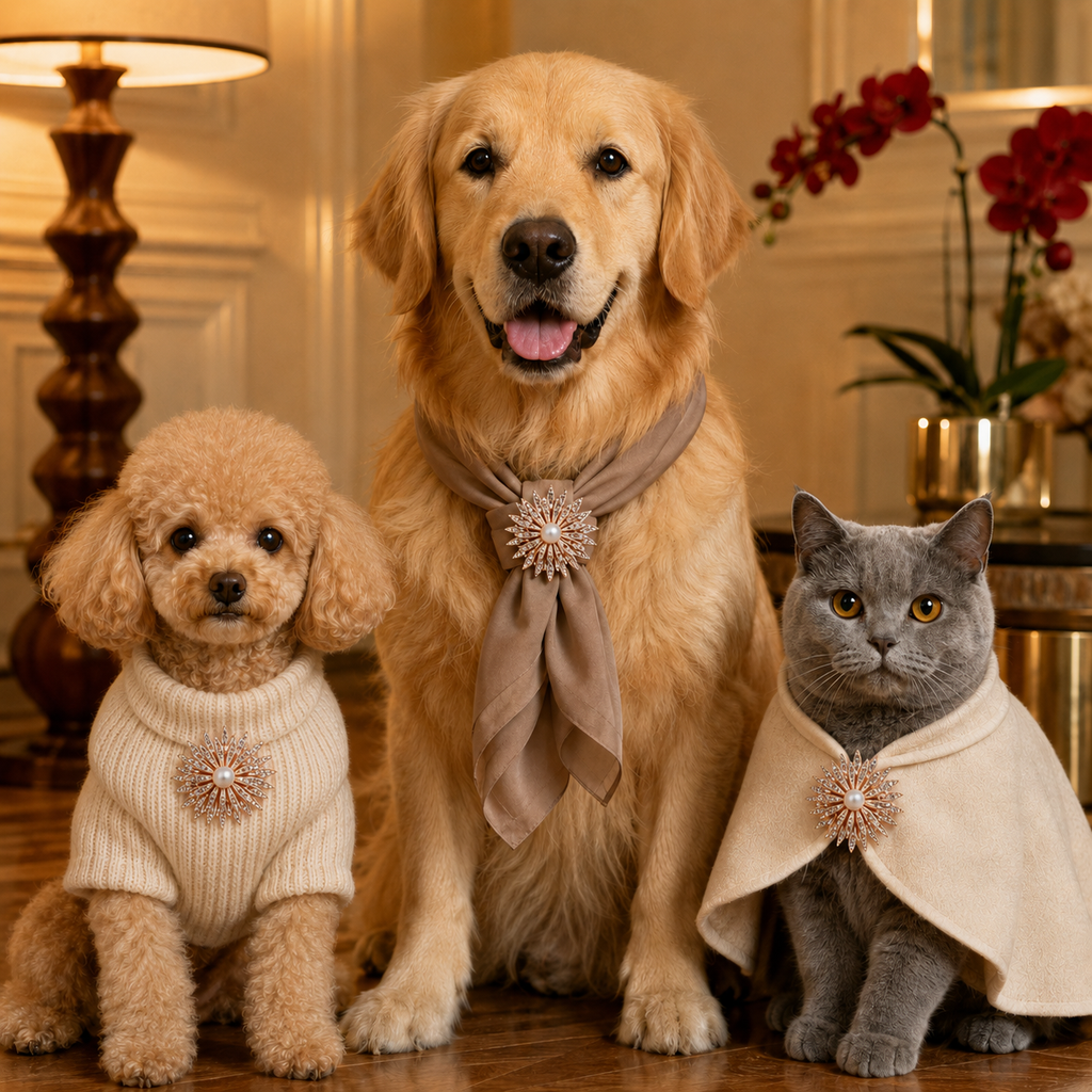 Solea · Größe M–L · roségoldfarbene Statement-Brosche für Hunde & Katzen mit Perlenmitte