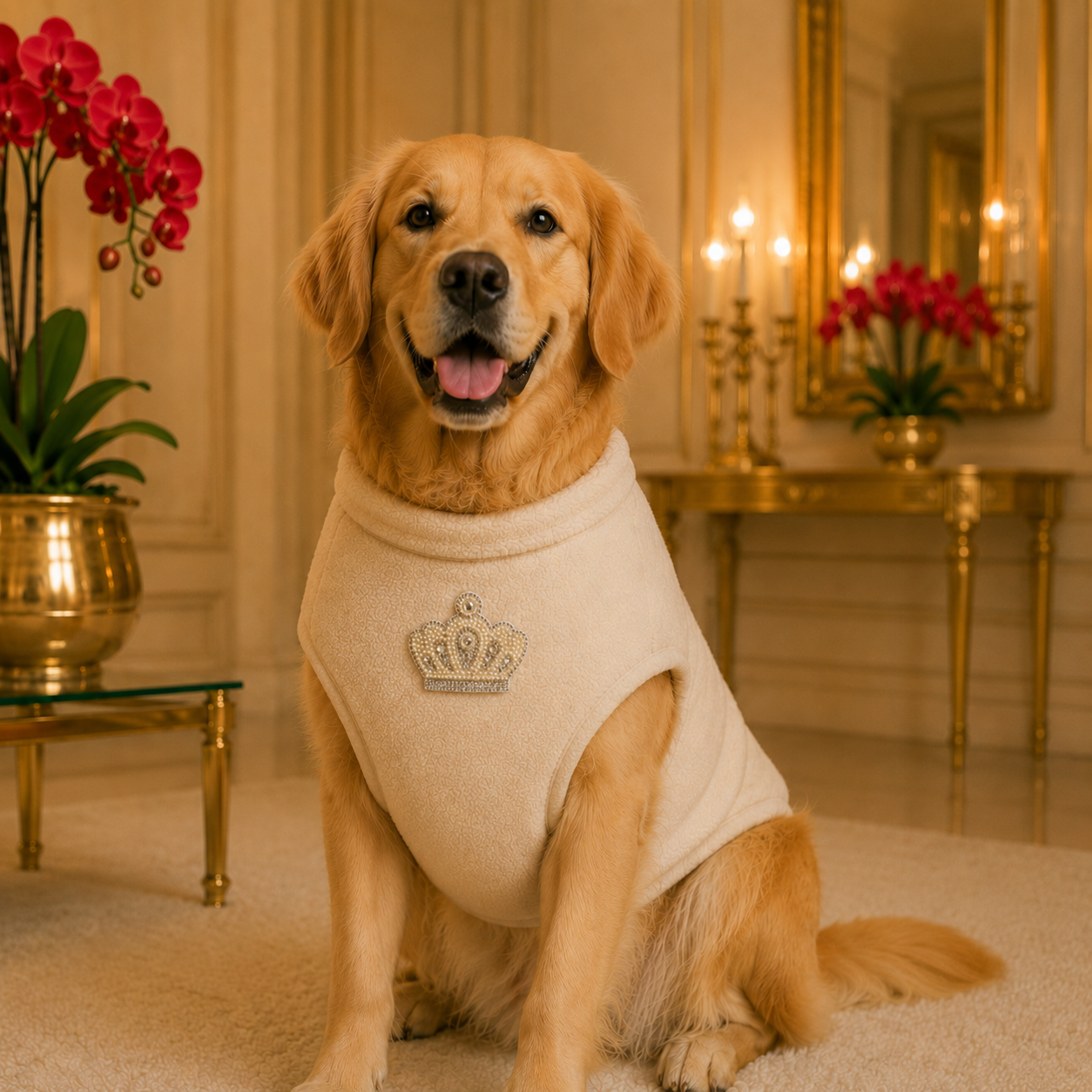 Majesté · Größe S–L · Kronen-Aufbügler mit Perlen & Strass für Hunde & Katzen
