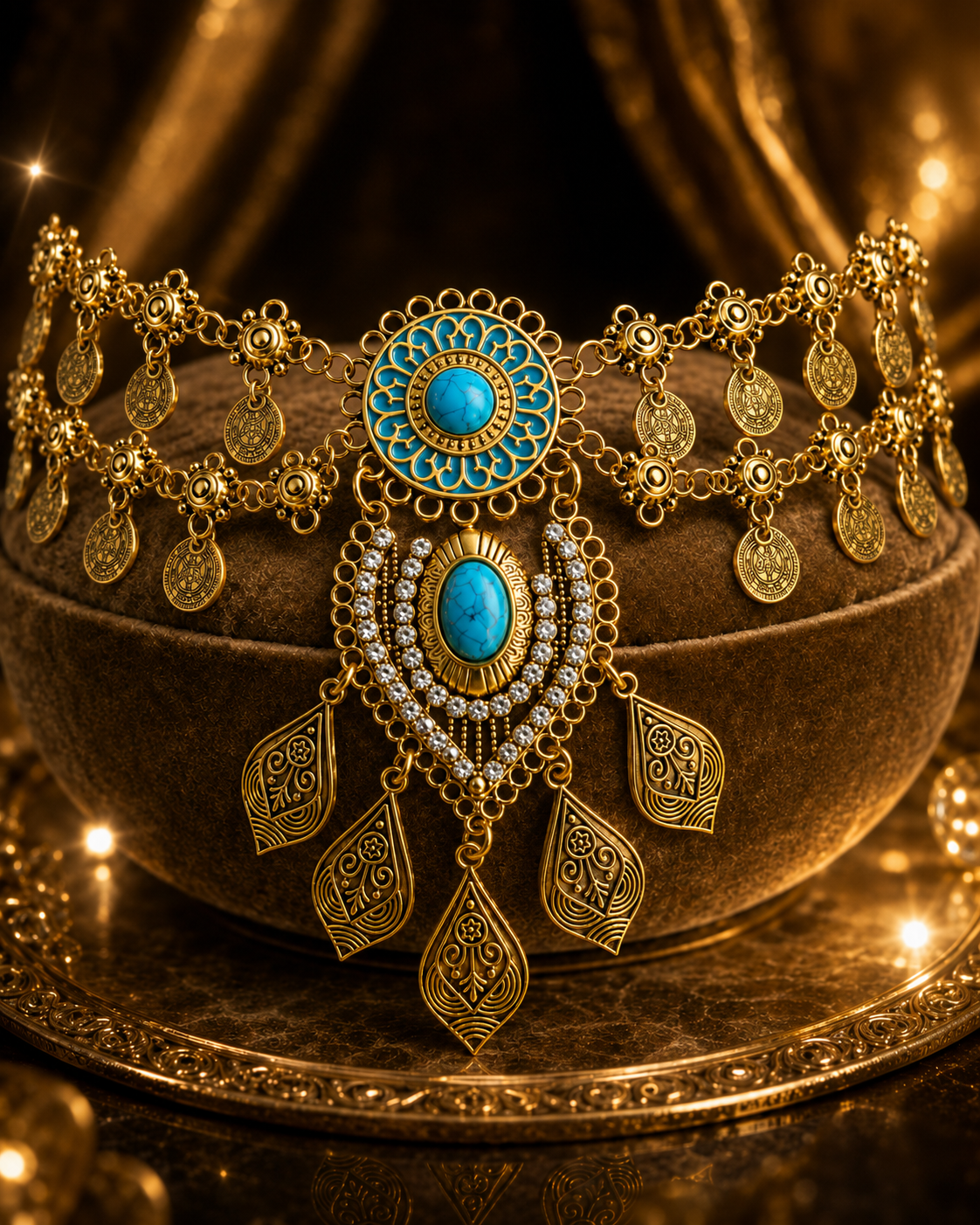 Aurelia ● Größe XL – goldfarbenes Statement-Collier mit türkisfarbenem Schmuckelement