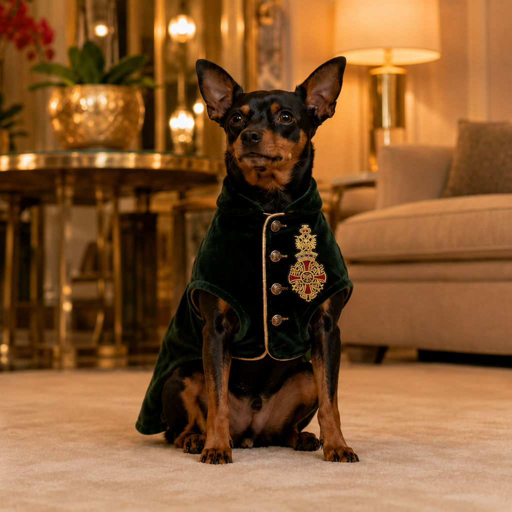 Regalia · Größe M–L · bestickter Aufbügler für Hunde- & Katzenmode