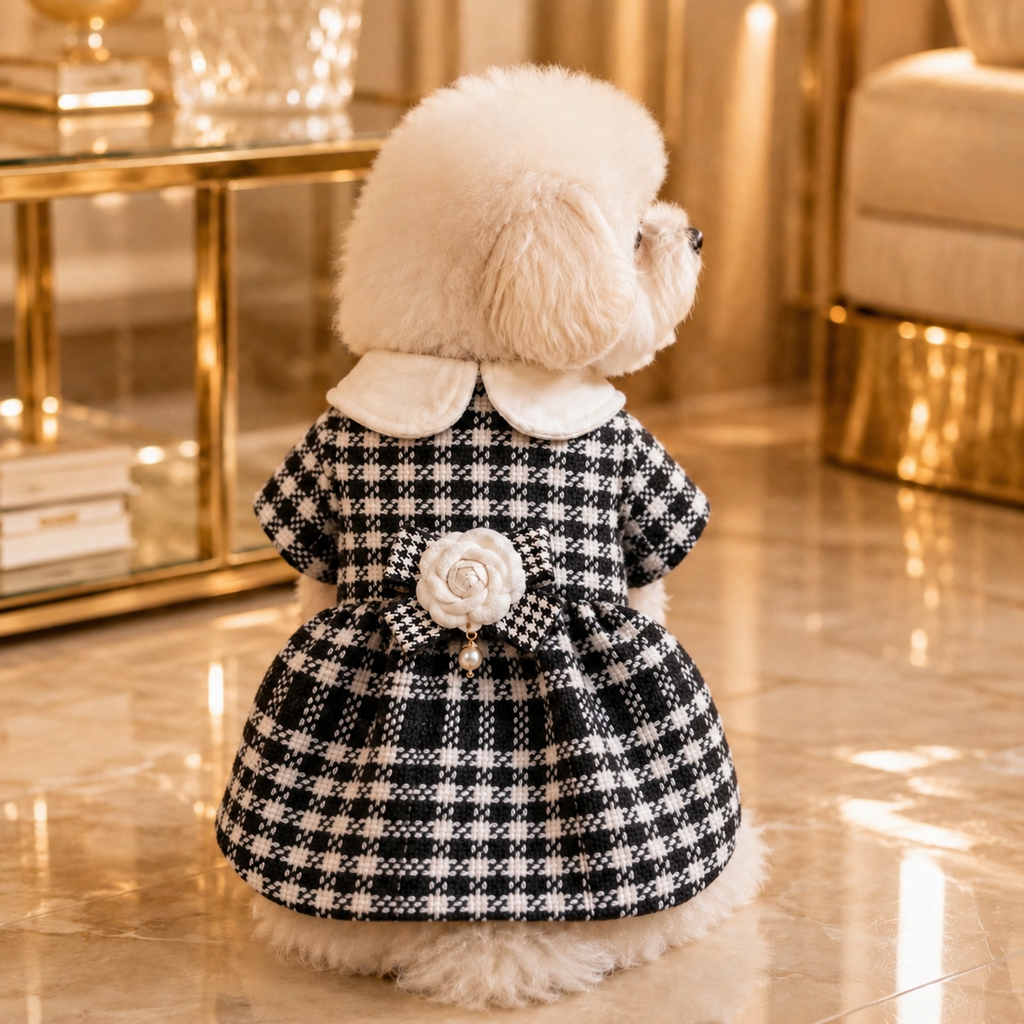 Colette · Größe M · schwarz-weißes Hahnentritt-Mantelkleid mit Brosche für Hunde