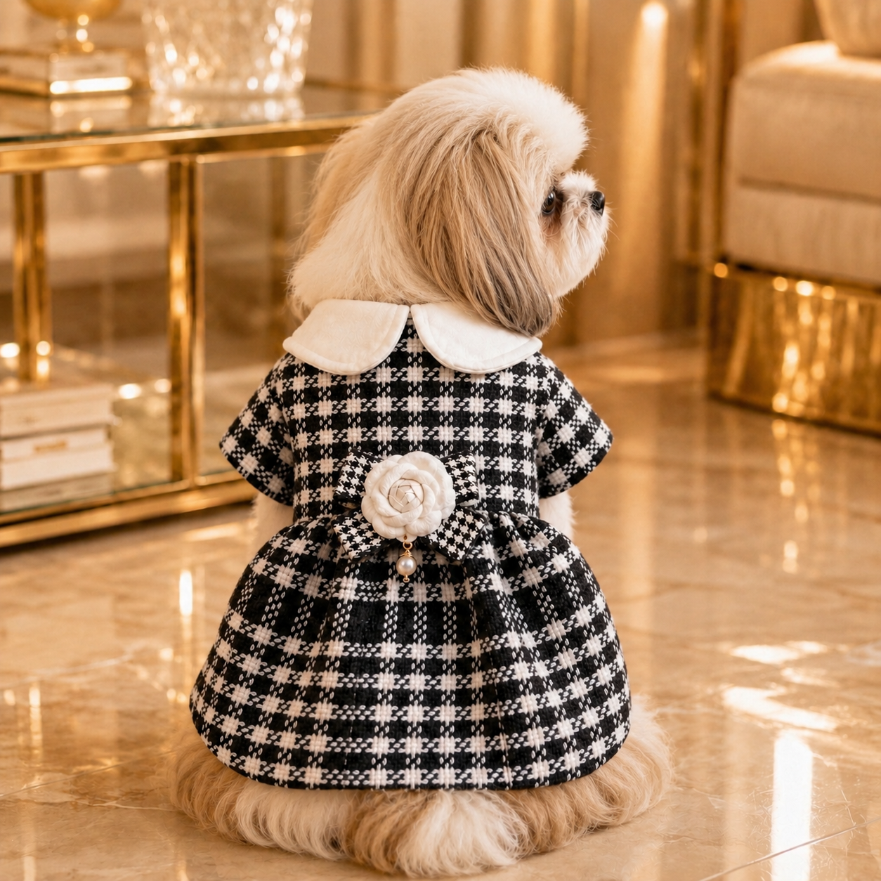 Colette · Größe M · schwarz-weißes Hahnentritt-Mantelkleid mit Brosche für Hunde