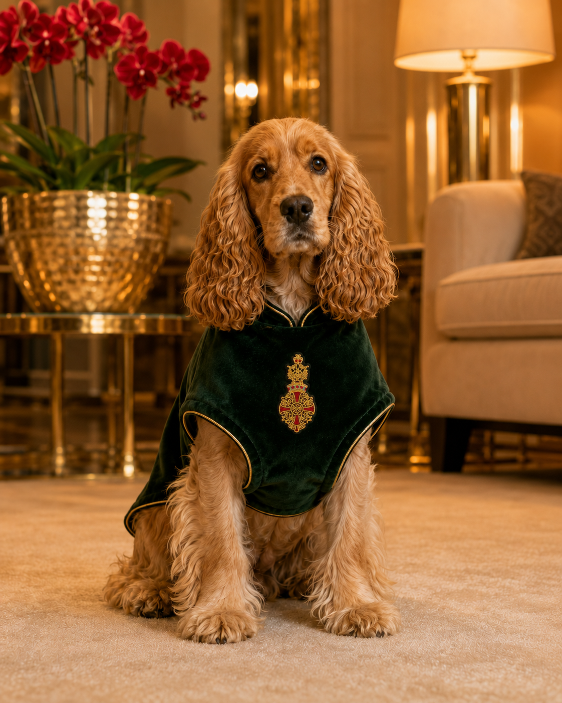 Regalia · Größe M–L · bestickter Aufbügler für Hunde- & Katzenmode