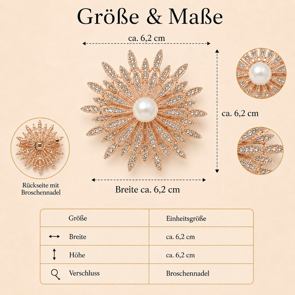 Solea · Größe M–L · roségoldfarbene Statement-Brosche für Hunde & Katzen mit Perlenmitte
