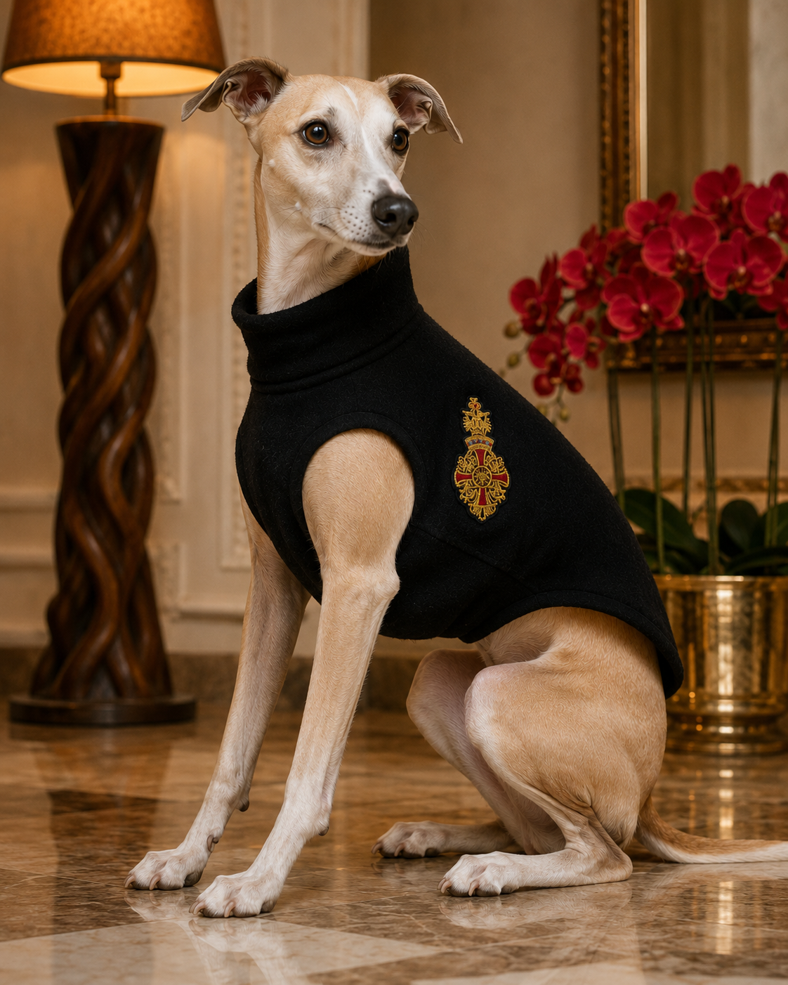 Regalia · Größe M–L · bestickter Aufbügler für Hunde- & Katzenmode