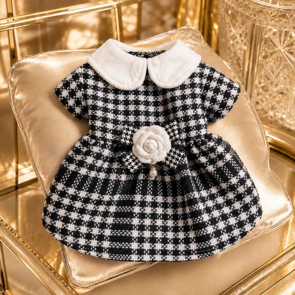 Colette · Größe M · schwarz-weißes Hahnentritt-Mantelkleid mit Brosche für Hunde
