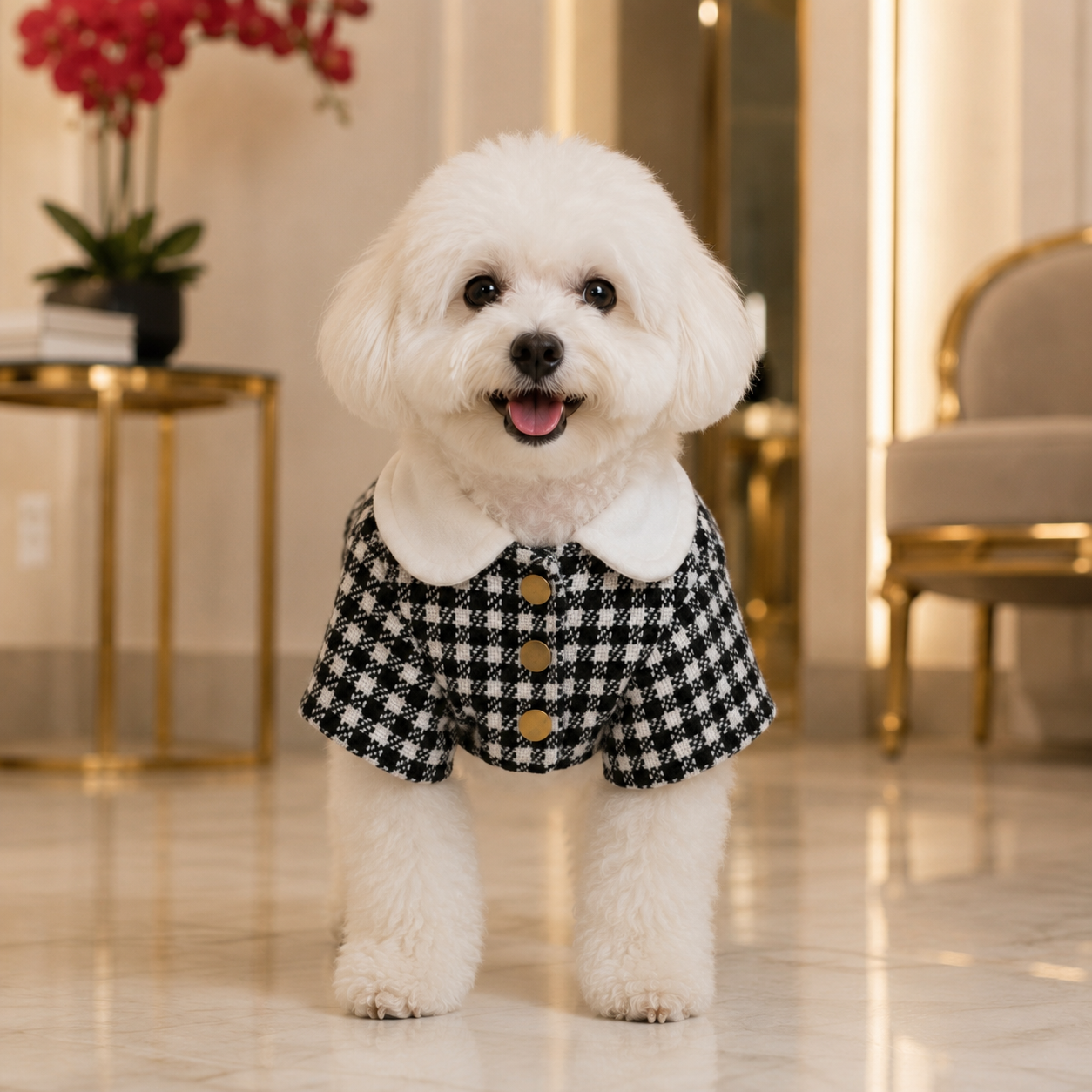 Colette · Größe M · schwarz-weißes Hahnentritt-Mantelkleid mit Brosche für Hunde
