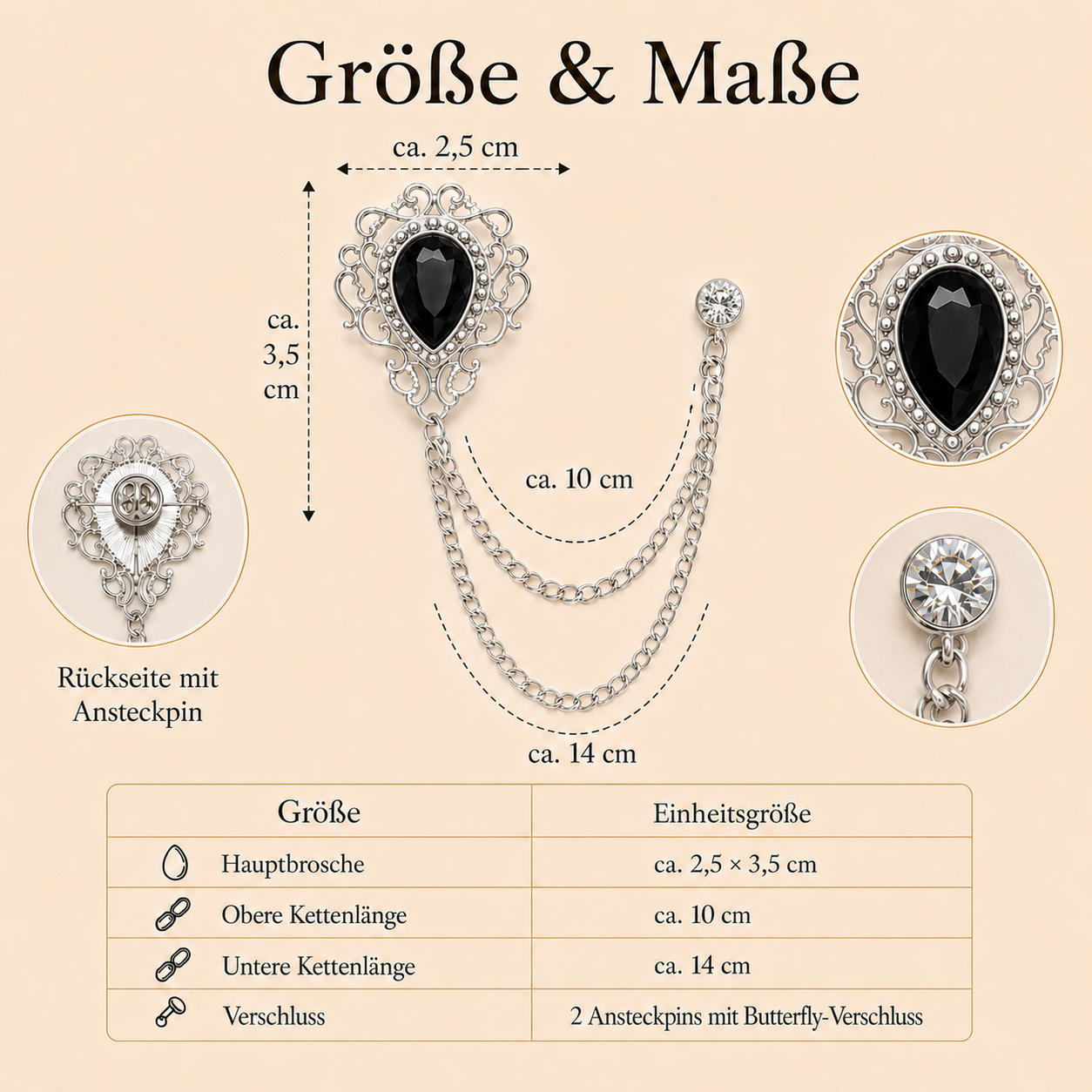 Ébène · Größe XS–M – silberfarbene Kettenbrosche mit schwarzem Tropfenstein