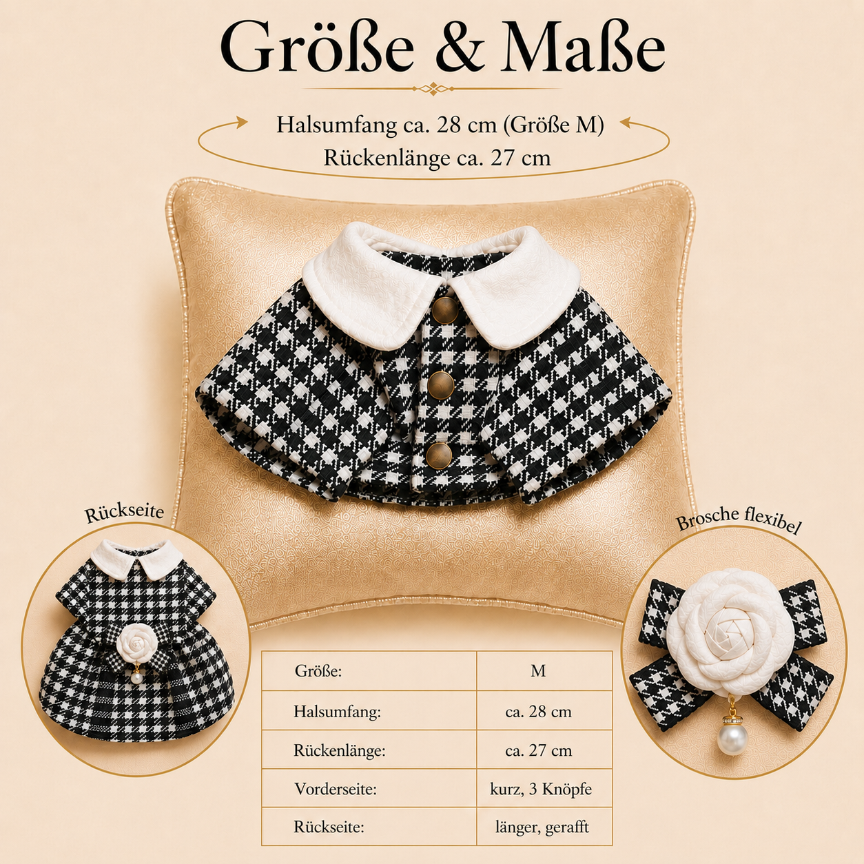 Colette · Größe M · schwarz-weißes Hahnentritt-Mantelkleid mit Brosche für Hunde