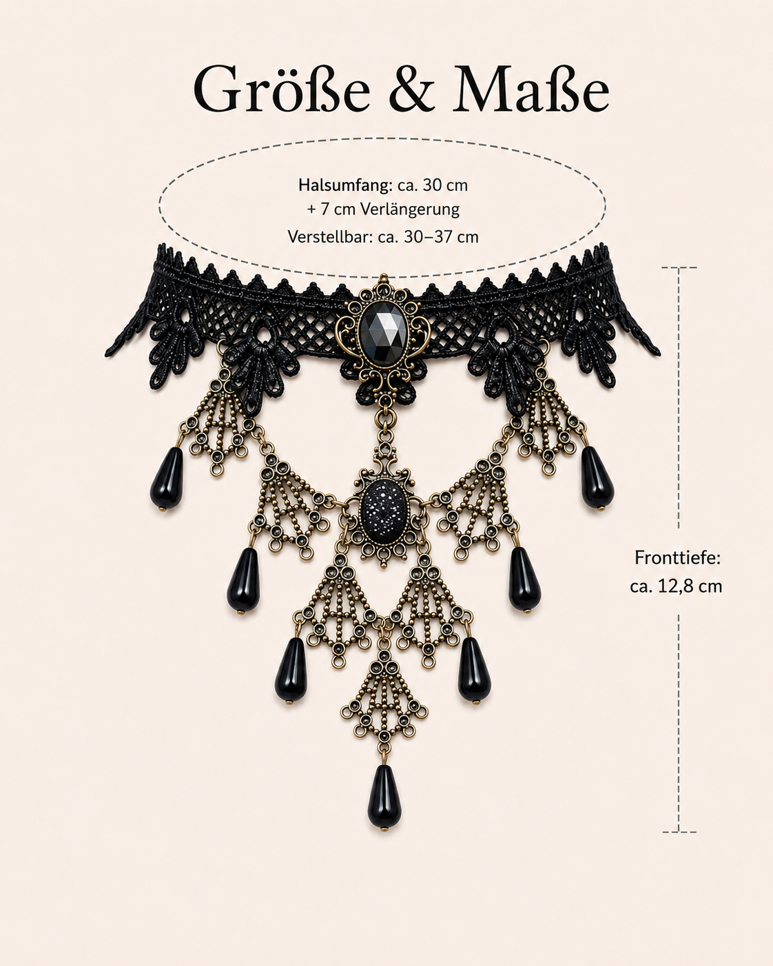 Nocturne ● Größe M ● schwarzes Statement-Collier mit Spitze & Bronzedetails